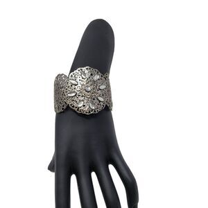 Vintage Fillagree Metal Wide Cuff Bracelet Silver Rhinestone Perforated Scroll